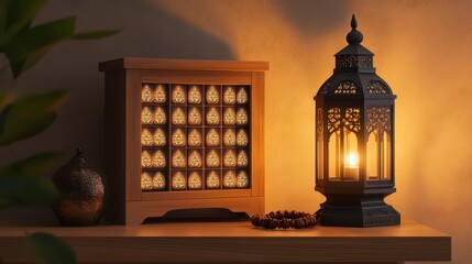 Beautifully Designed Ramadan Calendar with Small Doors Revealing Inspirational Quotes, Placed on a Shelf Next to a Lantern and Prayer Beads