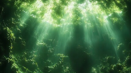 Serene underwater scene with sun rays filtering through lush green foliage, creating a tranquil and enchanting atmosphere for nature-themed projects.