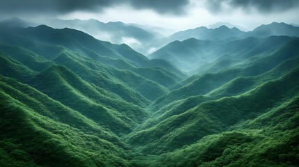 Verdant Mountains Rolling Under a Cloudy Sky