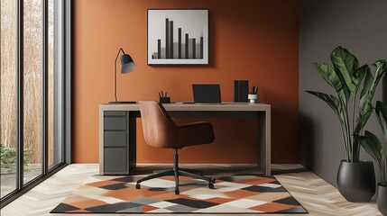 Modern Home Office Workspace with Orange Walls and Geometric Rug
