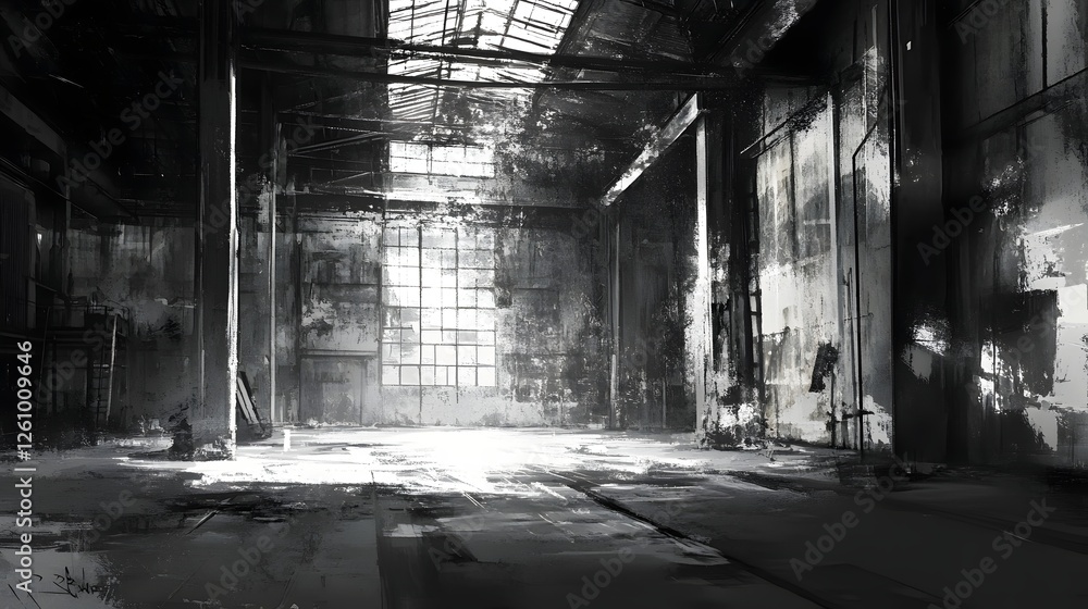 Poster atmospheric and moody image of an abandoned dilapidated industrial warehouse interior the space is f