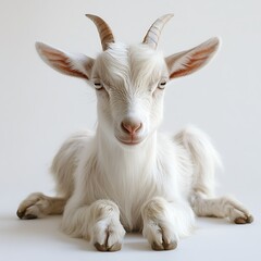 Fototapeta premium Adorable white kid goat, studio shot, calm pose, light background, farm animal