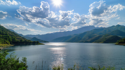 Fototapeta premium A breathtaking mountain landscape featuring clear water, majestic peaks, and a stunning blue sky adorned with fluffy clouds. Perfect for themes of nature, serenity, and outdoor beauty.