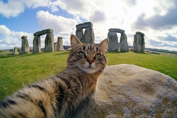 The cat makes a selfie against the background of Stonehenge, tourism, journey