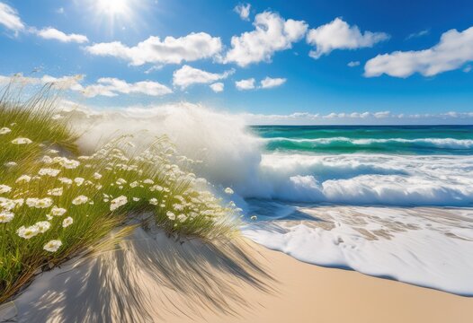 breathtaking ocean waves bursting onto unspoiled sandy beaches clear blue skies serene coastal beauty, shoreline, water, sea, foam, sky, horizon, landscape