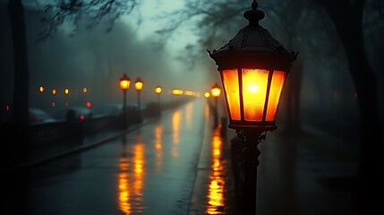 Obraz premium Illuminated Lamppost on a Misty Rainy Street