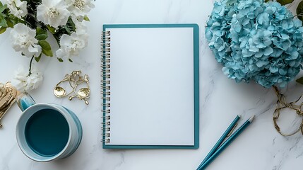 Blank notebook, coffee, flowers, marble desk, flatlay