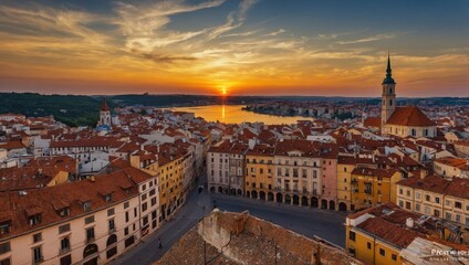 Fototapeta premium Sunset over the old town on the river