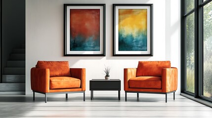 Two orange armchairs, coffee table, and abstract art in a modern interior.
