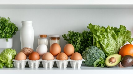 Shelf stocked with fresh vegetables and whole foods including eggs and avocados