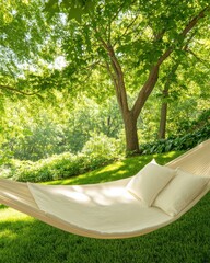 Relaxing in a hammock lush backyard nature scene tranquil environment close-up view serenity concept