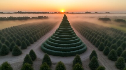Sunrise over a spiral topiary and foggy field