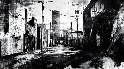 Atmospheric image of a dark grungy alley in an abandoned urban cityscape featuring dilapidated deteriorating architectural structures crumbling walls and a sense of neglect and decay