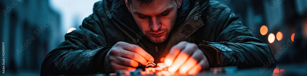 Poster man in jacket working with orange light source