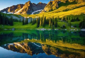 Obraz premium breathtaking reflections tranquil mountain lakes surrounded lush landscapes towering peaks, water, nature, scenery, view, sky, cloud, forest, trees