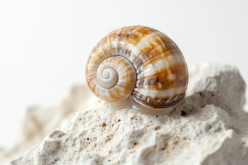 A close-up photograph of a beautifully patterned snail shell resting on a white stone surface, showcasing nature's intricate design and textures.
