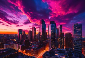 Fototapeta premium vibrant cityscapes twilight featuring dramatic skies filled colorful clouds shadowy silhouettes urban architecture, skyline, sunset, sky, landscape, lights