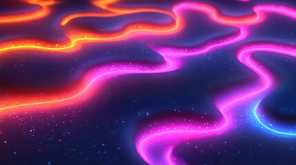 Abstract Neon Glowing Lines Over Glittering Surface