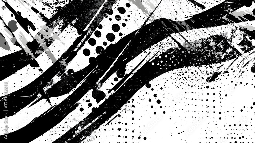 Poster Dynamic Monochrome Abstract Background with Fluid Motion Geometric Patterns and Striking Contrast of Black and White Paint Splatters and Brushstrokes