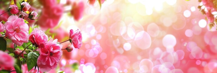 horizontal banner, wedding light bright background, mother's day, international women's day, delicate pink flowers, spring coming, bokeh effect, copy space, free space for text