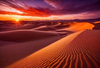 Naklejka premium breathtaking sunset over expansive sandy desert dunes highlighting vibrant colors dramatic skies, sky, clouds, plains, landscape, evening, nature, horizon