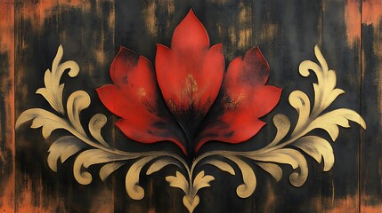 Red floral design on dark wood background