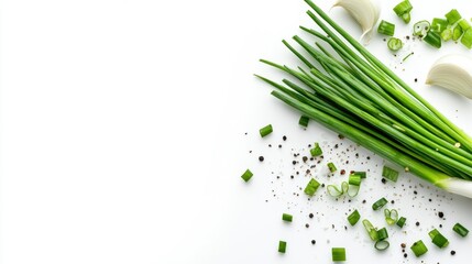 Naklejka premium Fresh green onions with pepper salt scattered on white