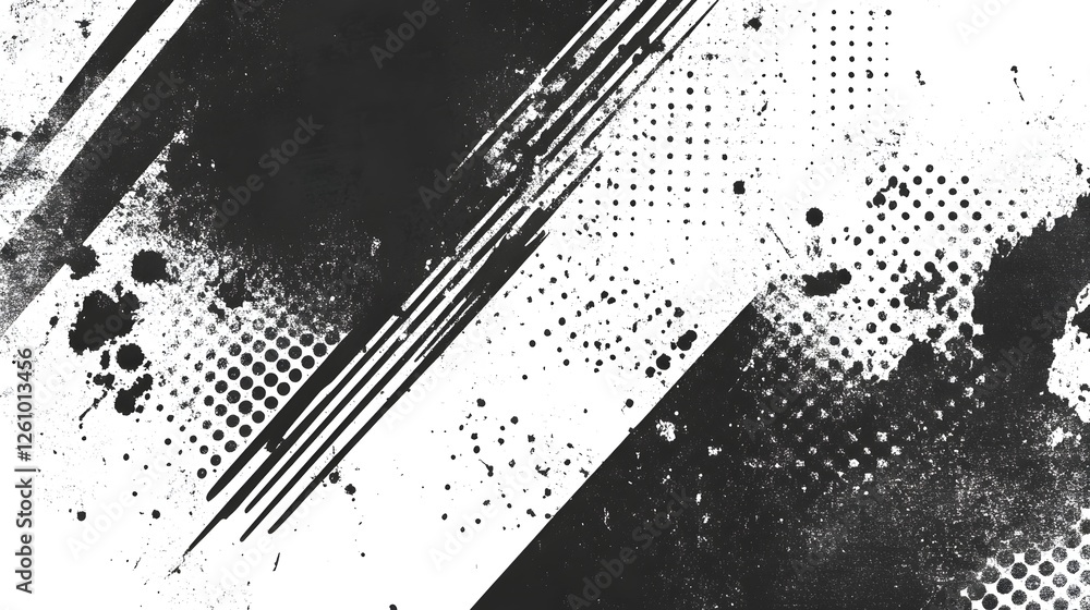 Aufkleber Edgy Monochrome Grunge Texture Abstract Graphic Design Background with Distressed Grungy Splatter Dots and Halftone Patterns in Black and White