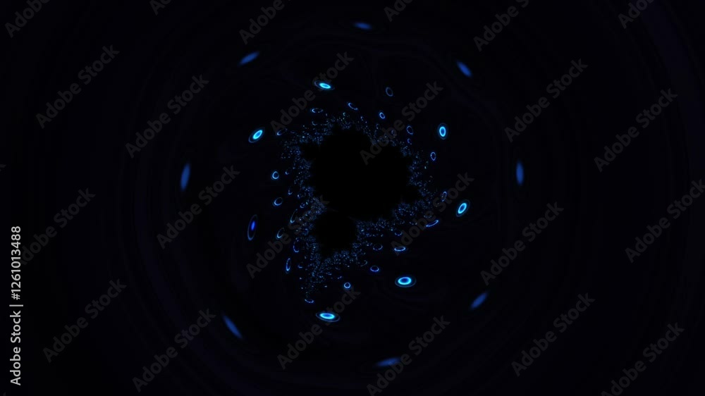 Poster blue glowing fractal circle flowing on black background. abstract shine texture fractal pattern anim