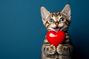 Cute toyger kitty with diamond red heart - sign of love, funny greeting card. Ad campaign idea. Toyger - my desired cat. Romantic love kitten. Love animal photography. Heart cat valentine.