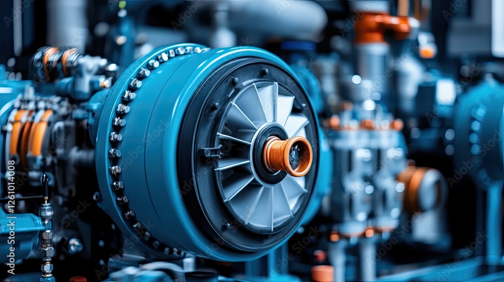 Poster close-up view of a turbine engine part showcasing advanced engineering in a busy manufacturing facil