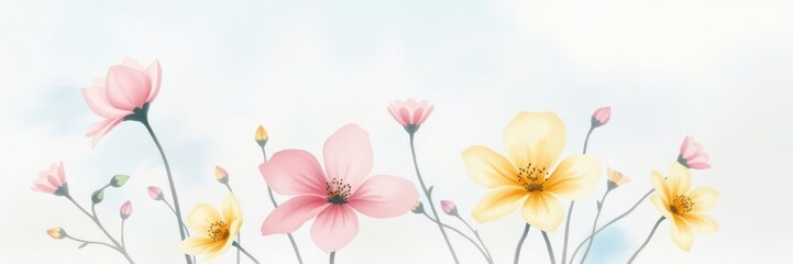 Fototapeta premium A collection of blooming flowers in warm and cool hues creates a soft, elegant setting perfect for seasonal greetings and decorative designs