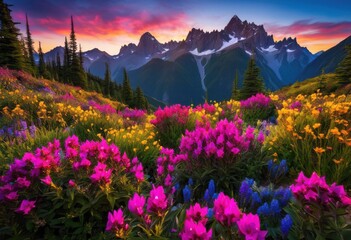 Obraz premium majestic mountains framed bright seasonal blooms under clear blue skies creating vibrant natural landscape, flower, nature, beauty, plant, terrain, color