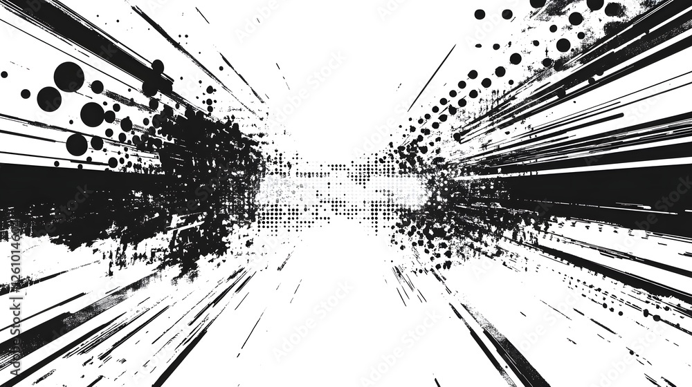 Poster Energetic abstract geometric design with dynamic flowing lines and dispersing particles in monochrome tones creating a visually captivating and futuristic backdrop for various creative applications