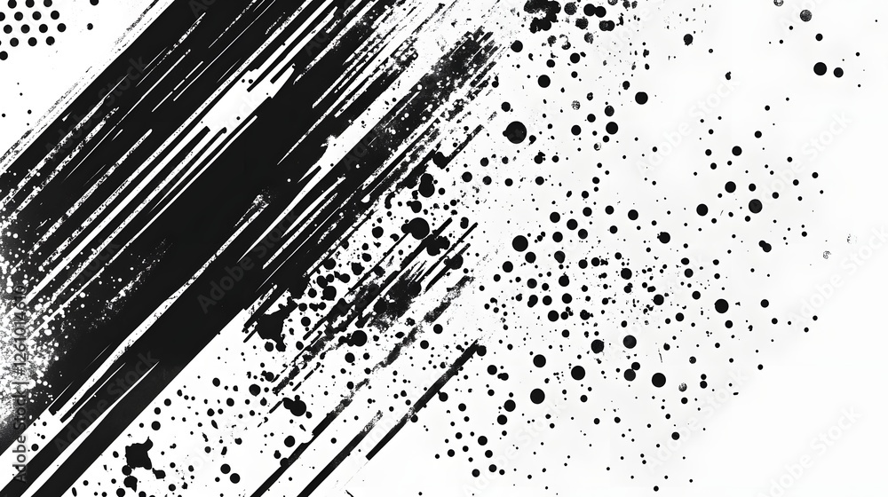 Poster Energetic Abstract Monochrome Graphic with Dynamic Stripes Dots and Splatters Creating a Bold Stylish and Visually Striking Composition