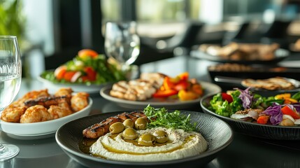 Obraz premium Contemporary Iftar Meal in a Sleek Modern Kitchen with Mediterranean Dishes Like Hummus, Olives, Grilled Vegetables, and a Glass of Water