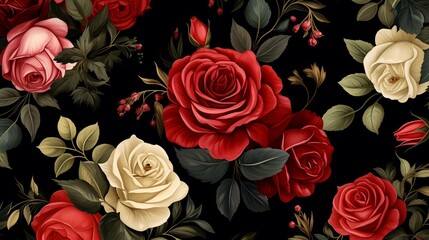 Seamless pattern with flowers black background in a dramatic watercolor style, with deep red roses, lush green leaves, and golden accents