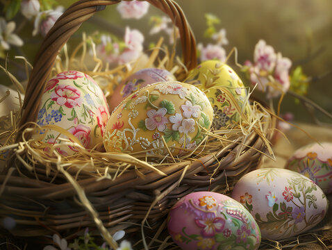 Beautiful woven basket filled with intricately hand-painted Easter eggs, featuring delicate floral designs, surrounded by soft hay and blooming spring flowers, creating a charming, festive, and vintag