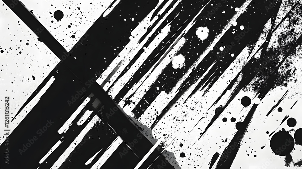 Aufkleber Energetic Abstract Monochrome Splash Artwork with Geometric Shapes and Fluid Textures  Dynamic Background Featuring Striking Black and White Splatter Patterns and Modern Design Elements