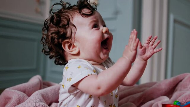 A joyful baby claps hands, captured in a close-up, side-angle shot. The video style emphasizes warmth and happiness in a cozy setting.