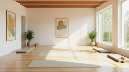 Fototapeta premium Bright and serene yoga studio with soft mats and natural light