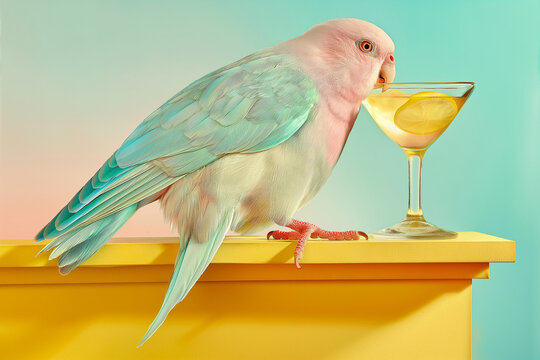 A pink parrot perched on a vibrant yellow ledge sipping from a martini glass filled with a citrus drink. Playful tropical scene with pastel tones and modern aesthetics.