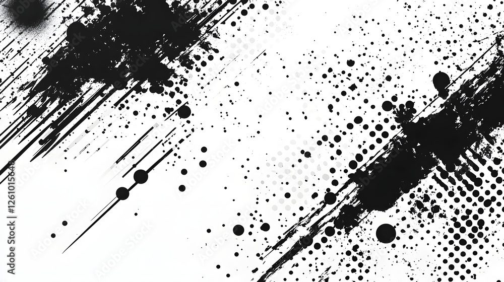 Poster Energetic and dynamic abstract monochrome splash art with vibrant scattered dots expressive brush strokes and a grunge like texture creating a captivating and visually striking creative design