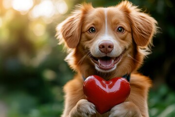 Nova scotia duck tolling retriever - my cherished dog, symbol of friendship. Cute nova scotia duck tolling retriever pup with animal toy red heart on a walk in a spring green space. Puppy love.