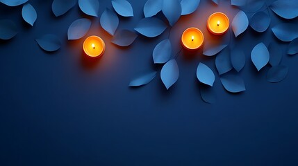 Lit Candles and Blue Paper Leaves on Dark Blue Background