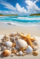 vibrant seashell arrangement displayed untouched sandy beach surrounded glimmering surf sunlit blues coastal paradise, ocean, sunlight, water, shore