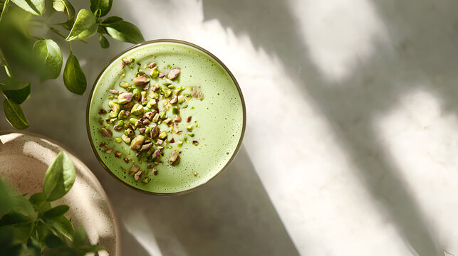 Frothy matcha latte with pistachio toppings, perfect for a refreshing morning or afternoon treat.