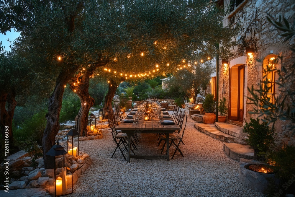 Poster outdoor dinner table set under olive trees with string lights and lanterns