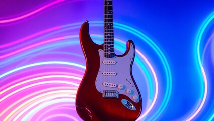 Obraz premium Blue electric guitar at night with a musical vibe, neon lights