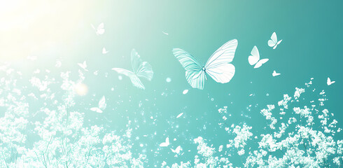 Butterflies in Flight: A mesmerizing swarm of white butterflies dances against a vibrant teal sky, creating a breathtaking and ethereal scene. The sun shines brightly in the background.